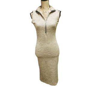 Missguided Oatmeal Midi Dress Zipper Front Bodycon Sleeveless